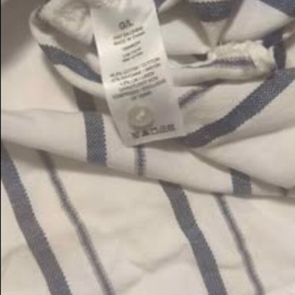 White and dark blue striped top/ blouse / fall / large / happy button down/ butt - Picture 2 of 2